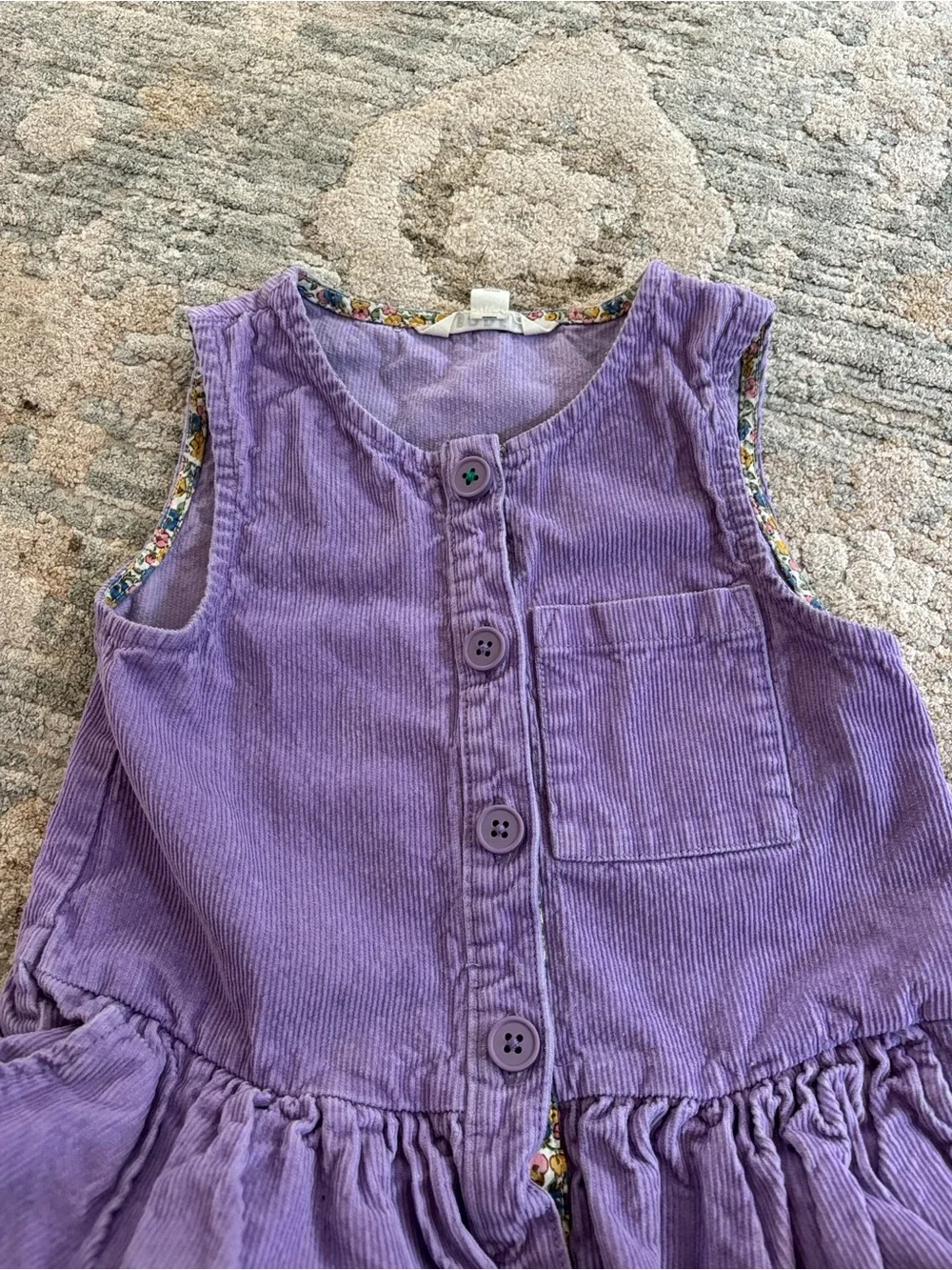 Mini Boden Girls Purple Corduroy Pinafore Jumper Dress Floral Trim Size 5-6Y